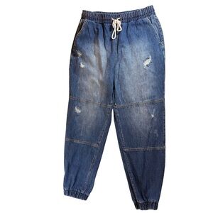 Cello Women's Distressed Blue Jean Jogger’s Elastic Waist With Tie